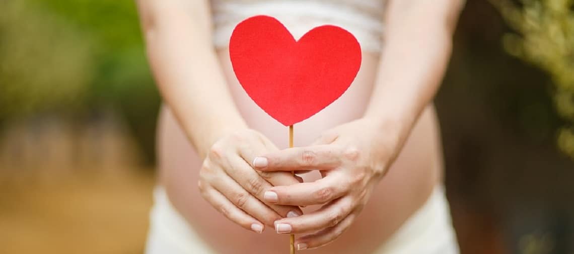 mulher grávida segurando um palito com um coração feito de papel