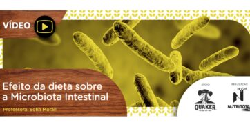 banner do video "efeito da dieta sobre microbiota intestinal" com um foto microscópica da microbiota intestinal.