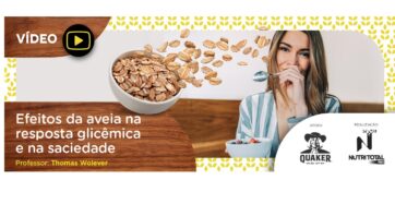banner do video com titulo "efeitos da aveia na resposta glicêmica e na sociedade", com uma mulher comendo aveia.