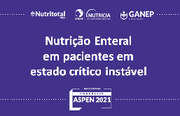 Banner ASPEN 2021 com o tema escrito "Nutrição Enteral em pacientes em estado crítico instável".