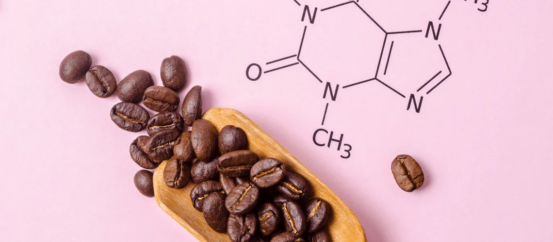 Imagem que mostra grãos de café e a forma das moléculas presentes em sua composição. (Química)
