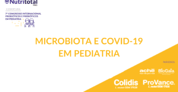 Banner sobre Microbiota e Covid-19 em pediatria.