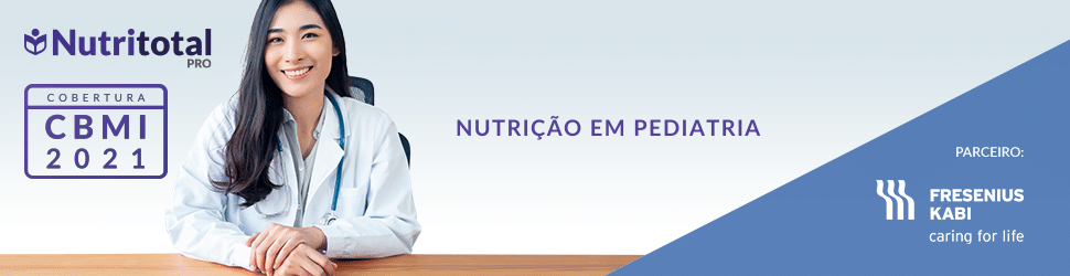 Banner da cobertura CBMI 2021 sobre "Nutrição em pediatria", com uma mulher usando jaleco branco sentada na cadeira