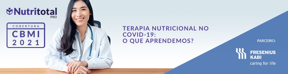 Banner da cobertura CBMI 2021 sobre "Terapia nutricional no Covid-19: o que aprendemos?", com uma mulher usando jaleco branco sentada na cadeira