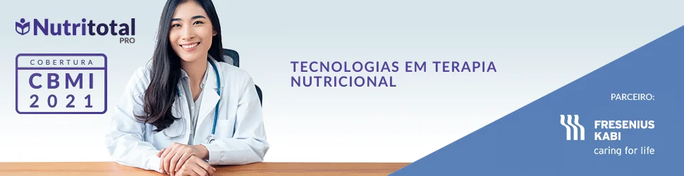Banner da cobertura CBMI 2021 sobre "Tecnologia em Terapia Nutricional", com uma mulher usando jaleco branco sentada na cadeira