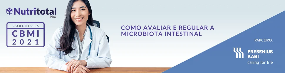 Banner da cobertura CBMI 2021 sobre "Como avaliar e regular a microbiota intestinal", com uma mulher usando jaleco branco sentada na cadeira