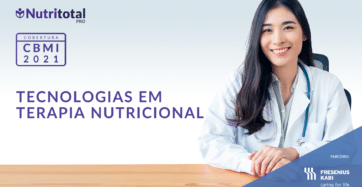 Banner da cobertura CBMI 2021 sobre "Tecnologia em Terapia Nutricional", com uma mulher usando jaleco branco sentada na cadeira
