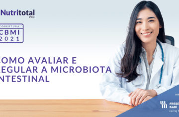 Banner da cobertura CBMI 2021 sobre "Como avaliar e regular a microbiota intestinal", com uma mulher usando jaleco branco sentada na cadeira
