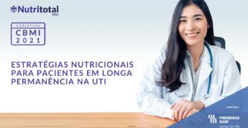 Banner da cobertura CBMI 2021 sobre "Estratégias Nutricionais para pacientes em longa permanência na UTI", com uma mulher usando jaleco branco sentada na cadeira