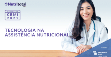 Banner da cobertura CBMI 2021 sobre "Tecnologia na assistência nutricional", com uma mulher usando jaleco branco sentada na cadeira
