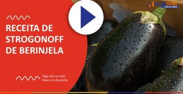 Banner do vídeo "O STROGONOFF DE BERINJELA MAIS GOSTOSO DO BRASIL" com uma berinjela no canto direito.