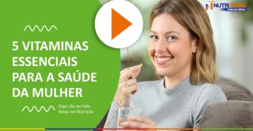 Banner do vídeo "Vitaminas para mulher: descubra as mais importantes!" com a foto de uma mulher tomando remédio.