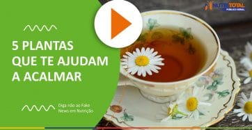 Banner do vídeo "5 PLANTAS QUE TE AJUDAM A ACALMAR" com uma xícara cheia de chá e uma flor no chá.