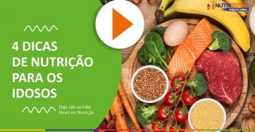 Banner do vídeo "4 DICAS DE NUTRIÇÃO PARA OS IDOSOS" e uma mesa cheia de alimentos (banana, morango, peixe, carne, entre outros).