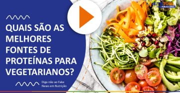 banner do vídeo "AS MELHORES FONTES DE PROTEÍNA PARA VEGETARIANOS" com um prato branco cheio de vegetais.