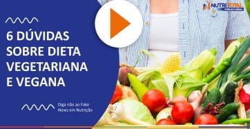 Banner do vídeo "6 DÚVIDAS SOBRE DIETA VEGETARIANA E VEGANA" com um prato de salada no banner.