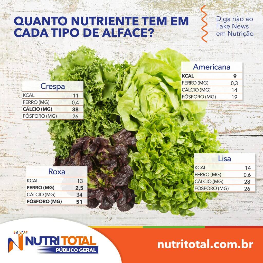 Infográfico com os nutrientes de cada tipo de alface