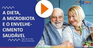 Banner do vídeo "A DIETA, A MICROBIOTA E O ENVELHECIMENTO SAUDÁVEL" com um casal de idosos na capa.