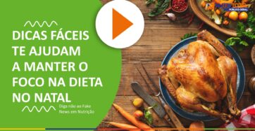 Banner do vídeo "DICAS FÁCEIS TE AJUDAM A MANTER O FOCO NA DIETA NO NATAL" com um frango assado em destaque no banner .