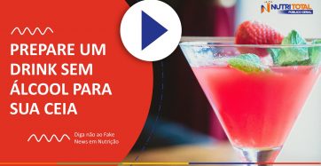 Banner do vídeo "PREPARE UM DRINK SEM ÁLCOOL PARA SUA CEIA" com um drink de morango no banner.