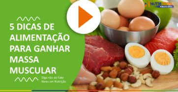Banner do vídeo "5 DICAS DE ALIMENTAÇÃO PARA GANHAR MASSA MUSCULAR" com uma tigela cheia de ovos em cima da mesa.