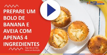 Banner do vídeo "BOLO DE BANANA E AVEIA COM APENAS 4 INGREDIENTES" com vários bolinhos em cima de um prato.