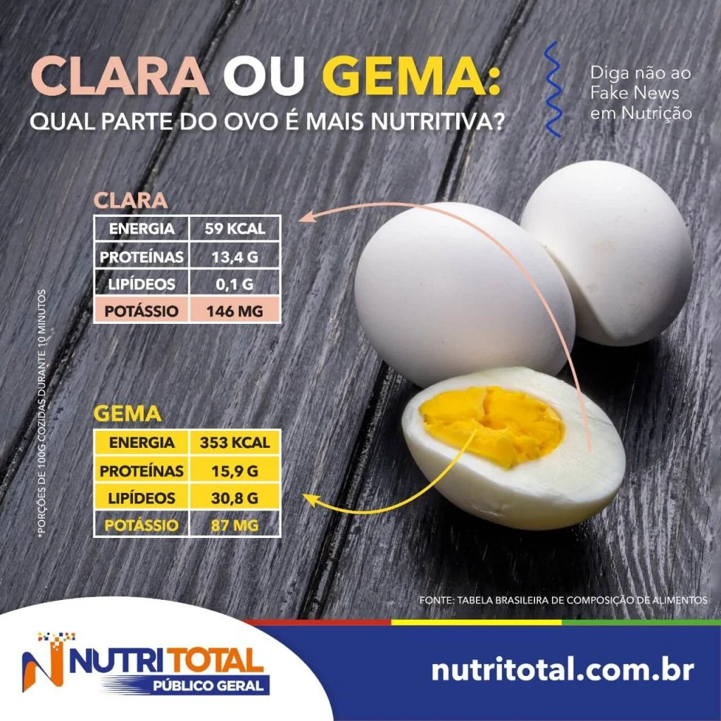 Infográfico sobre propriedades nutricionais da clara e da gema