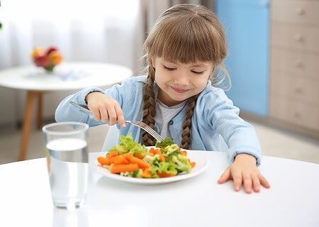 Menina comendo prato de legumes