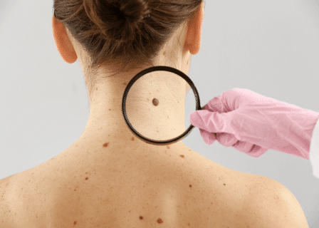 Médica usando lupa para identificar um melanoma