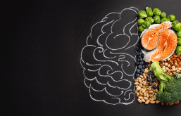 Cérebro desenhado com metade composta por alimentos