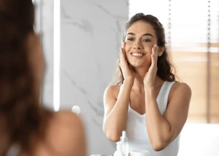 Mulher que tomou colágeno passando a mão no rosto e se olhando no espelho