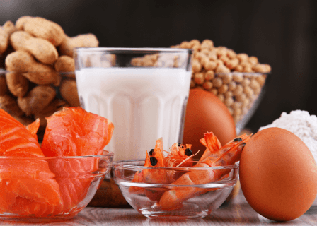 Alimentos que podem causar alergia alimentar, como leite, ovo e camarão